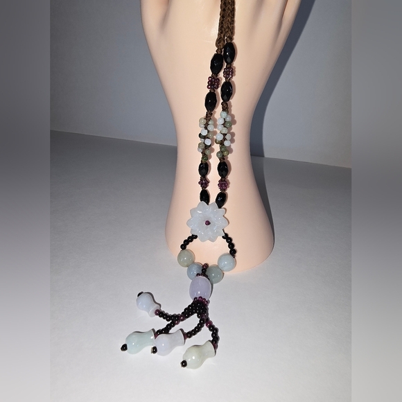 Carved Jadeite Jade  Flower Necklace Silk Rope Lots of Other Details Jade - Picture 1 of 16